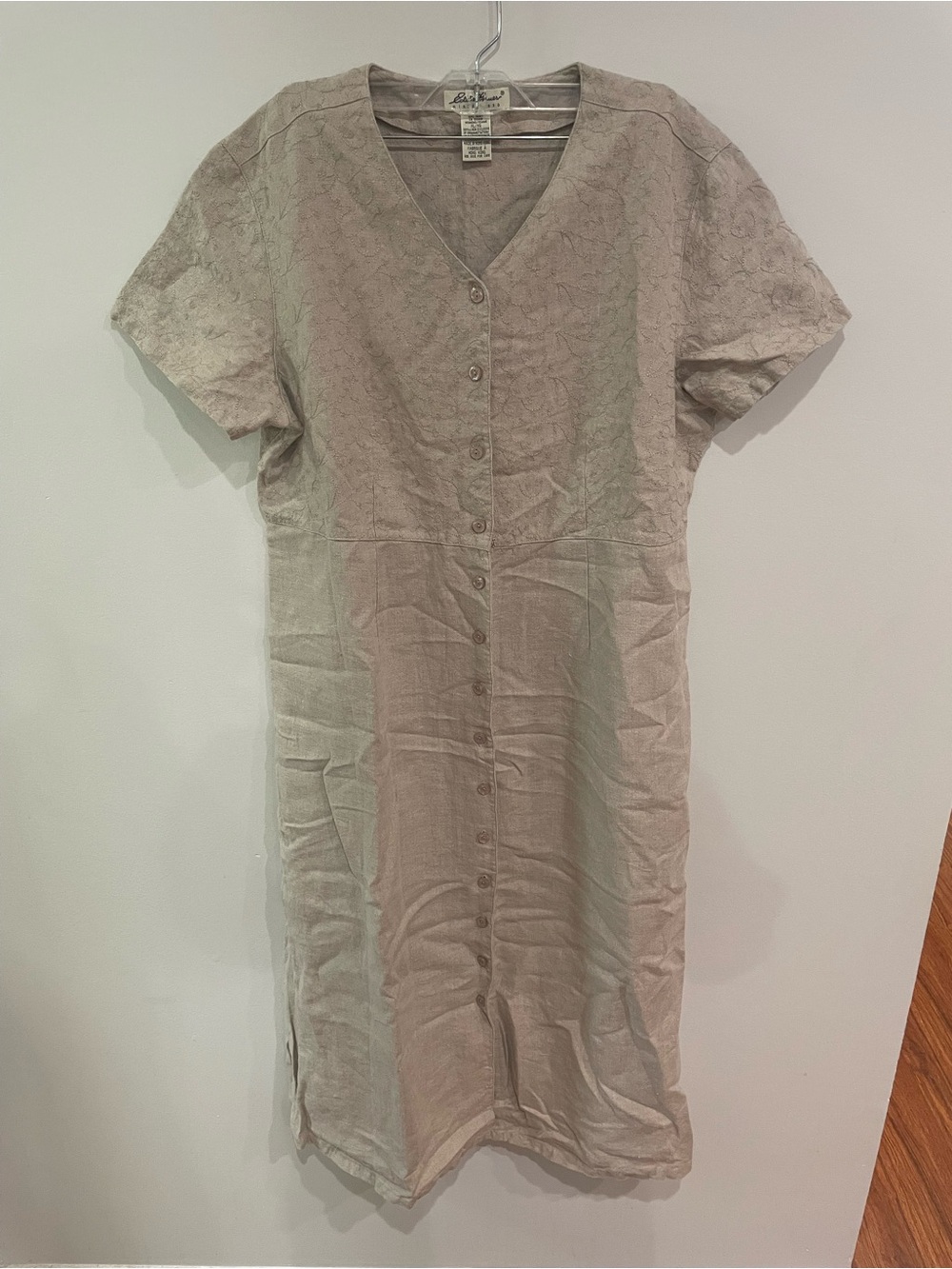 VTG Eddie Bauer Beige XL Beige Floral 100% LINEN Knit Modest Dress Cottagecore
